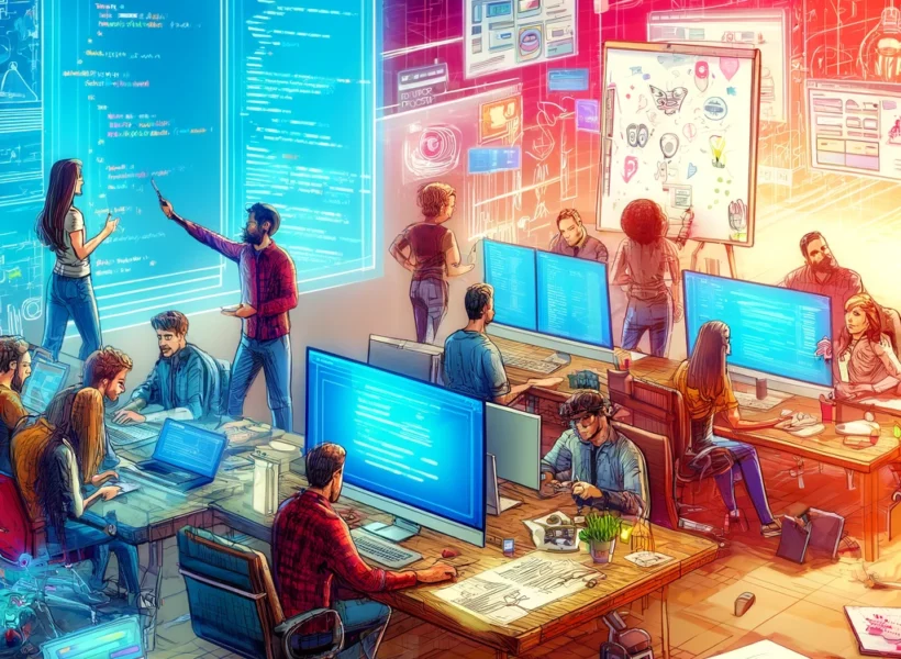 A dynamic and collaborative scene in a retro-futuristic style, featuring a team of developers working on web application development. The workspace is filled with multiple monitors displaying code, wireframes, and user interface design sketches. Developers are engaged in discussion, some are coding, others are sketching design ideas on a whiteboard, and laptops are open with various development tools. The environment is vibrant, with bold colors and geometric shapes, reflecting the teamwork and multifaceted nature of the development process.