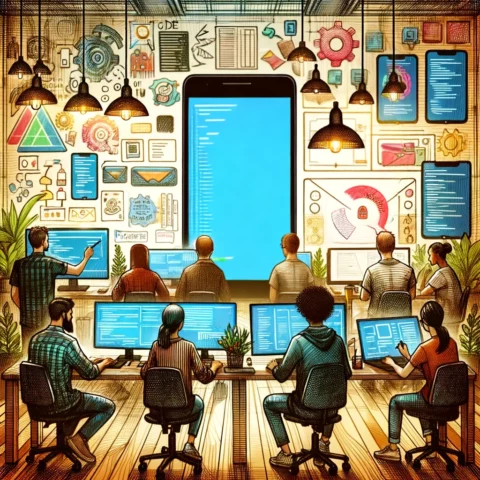 A vibrant scene showing a diverse team of developers and designers working on mobile app development. The workspace is filled with monitors displaying code, wireframes, and various mobile devices. Team members of different backgrounds are engaged in collaboration, discussing ideas, coding, and designing user interfaces. A large mobile phone stands prominently in the center, symbolizing the focus on mobile app development. The environment is dynamic and inclusive, with a hand-drawn, sketch-like art style and a warm, inviting color palette