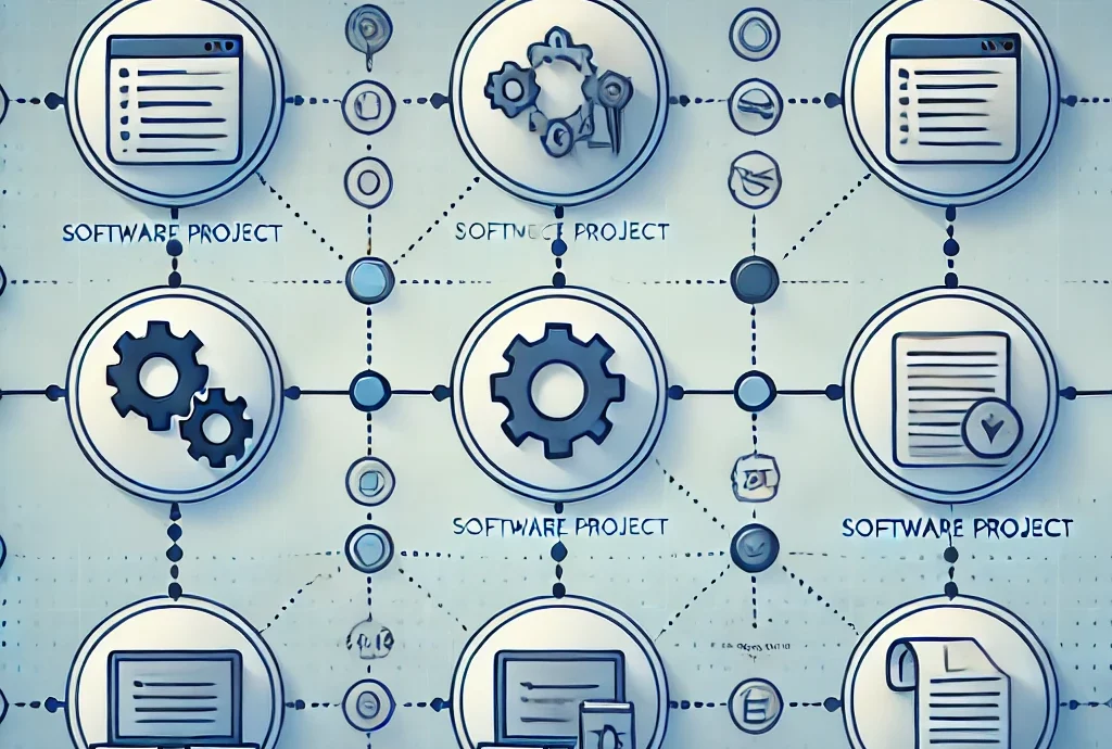 The image shows a minimalist software project timeline with six evenly spaced circular markers along a horizontal line. Each circle contains an icon like gears, code brackets, and documents, symbolizing stages in the estimation process. The background is a soft blue gradient, and the icons are in shades of blue and gray for a clean, professional look.