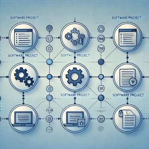 The image shows a minimalist software project timeline with six evenly spaced circular markers along a horizontal line. Each circle contains an icon like gears, code brackets, and documents, symbolizing stages in the estimation process. The background is a soft blue gradient, and the icons are in shades of blue and gray for a clean, professional look.