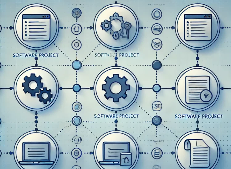 The image shows a minimalist software project timeline with six evenly spaced circular markers along a horizontal line. Each circle contains an icon like gears, code brackets, and documents, symbolizing stages in the estimation process. The background is a soft blue gradient, and the icons are in shades of blue and gray for a clean, professional look.