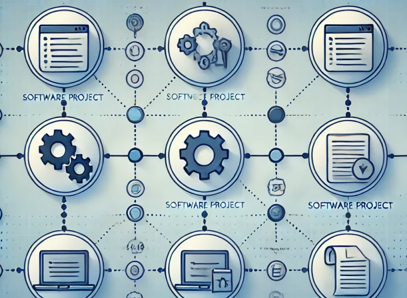 The image shows a minimalist software project timeline with six evenly spaced circular markers along a horizontal line. Each circle contains an icon like gears, code brackets, and documents, symbolizing stages in the estimation process. The background is a soft blue gradient, and the icons are in shades of blue and gray for a clean, professional look.